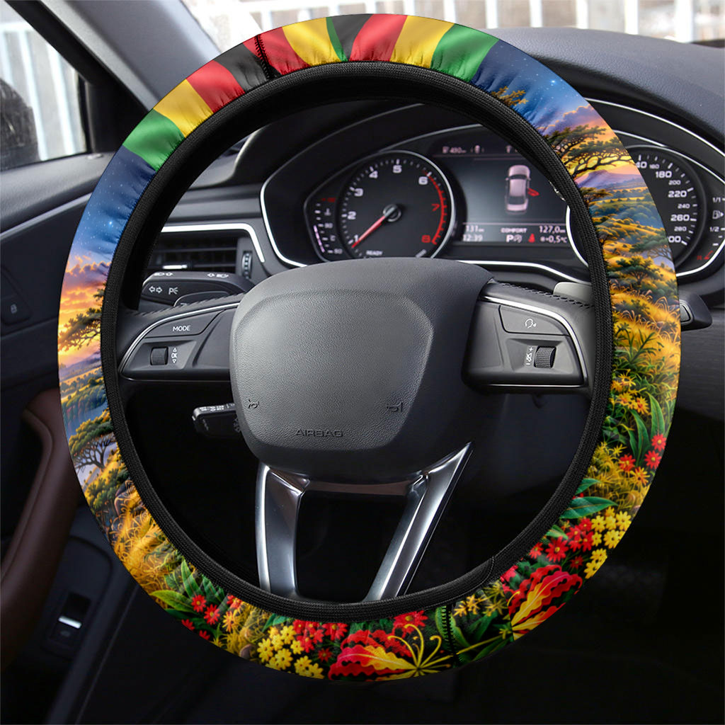 Zimbabwe Christmas Holy Family Steering Wheel Cover African Safari Wildlife Savanna Sunset Baby Jesus