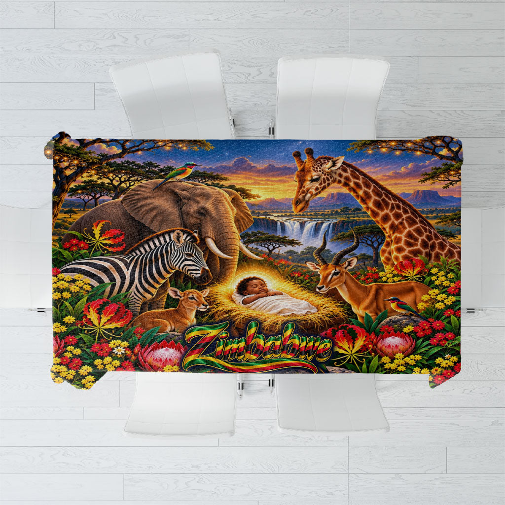 Zimbabwe Christmas Holy Family Tablecloth African Safari Wildlife Savanna Sunset Baby Jesus
