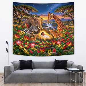 Zimbabwe Christmas Holy Family Tapestry African Safari Wildlife Savanna Sunset Baby Jesus