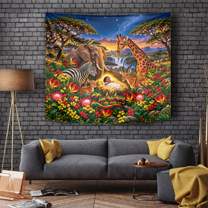 Zimbabwe Christmas Holy Family Tapestry African Safari Wildlife Savanna Sunset Baby Jesus