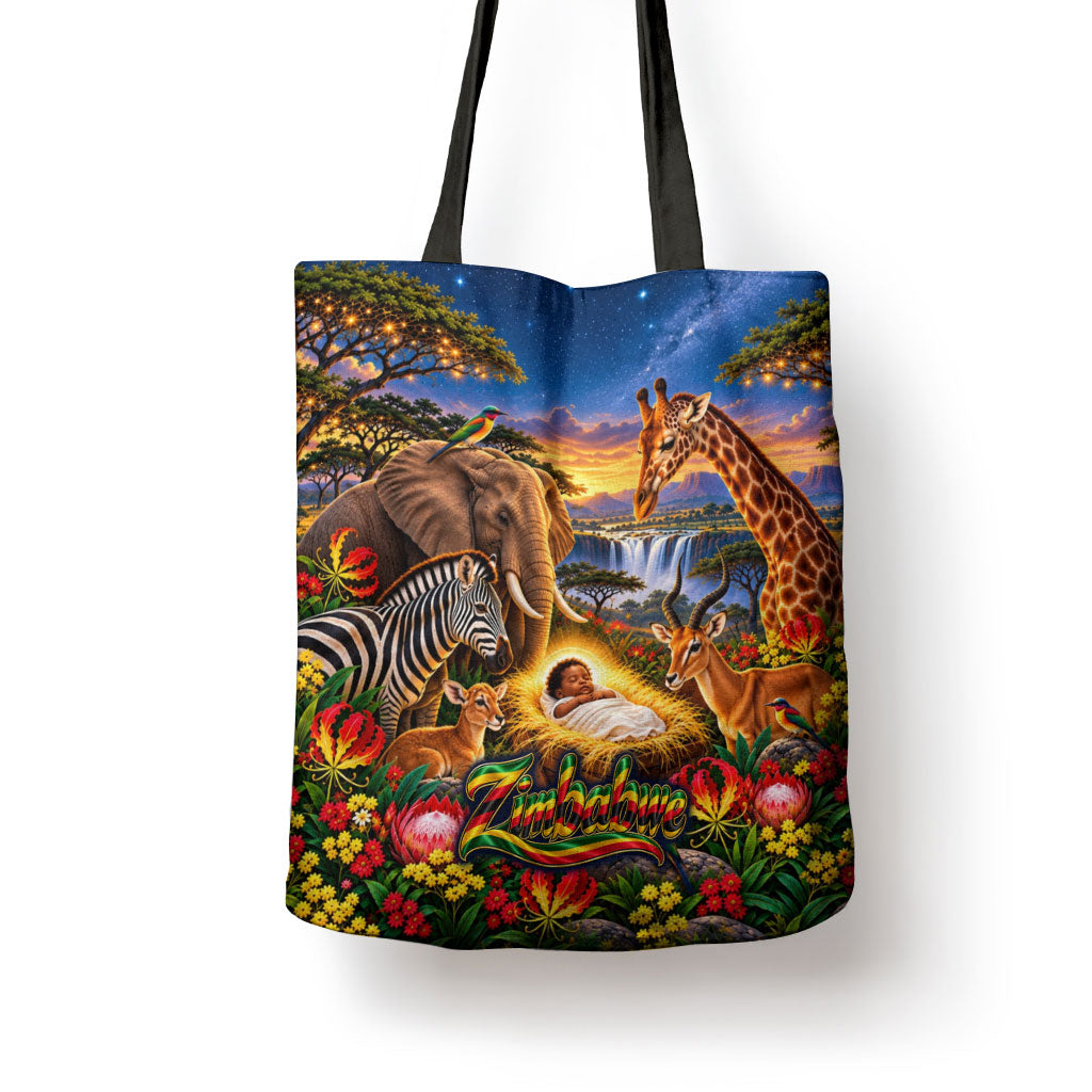 Zimbabwe Christmas Holy Family Tote Bag African Safari Wildlife Savanna Sunset Baby Jesus