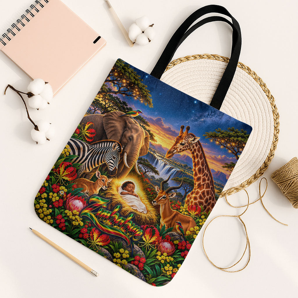 Zimbabwe Christmas Holy Family Tote Bag African Safari Wildlife Savanna Sunset Baby Jesus
