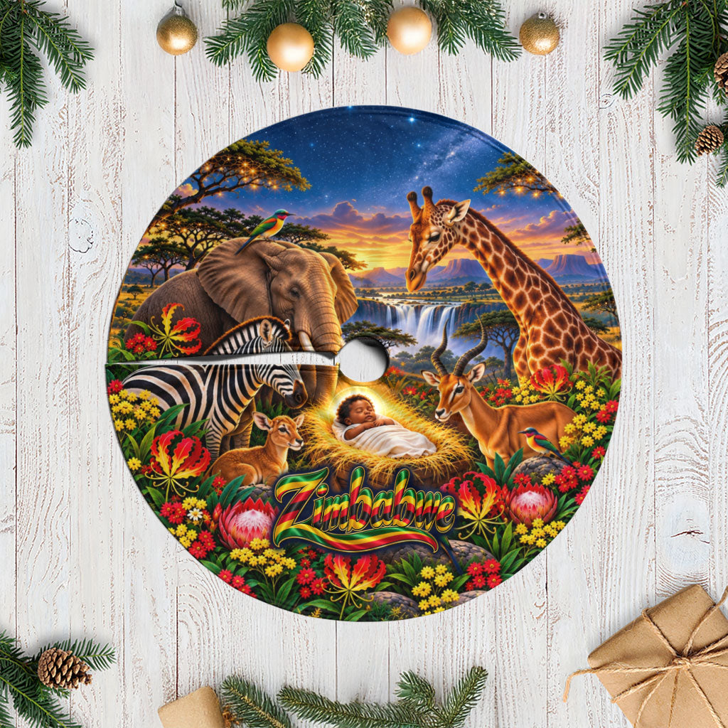 Zimbabwe Christmas Holy Family Tree Skirt African Safari Wildlife Savanna Sunset Baby Jesus