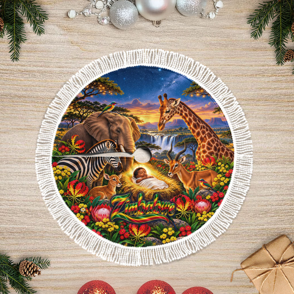 Zimbabwe Christmas Holy Family Tree Skirt African Safari Wildlife Savanna Sunset Baby Jesus