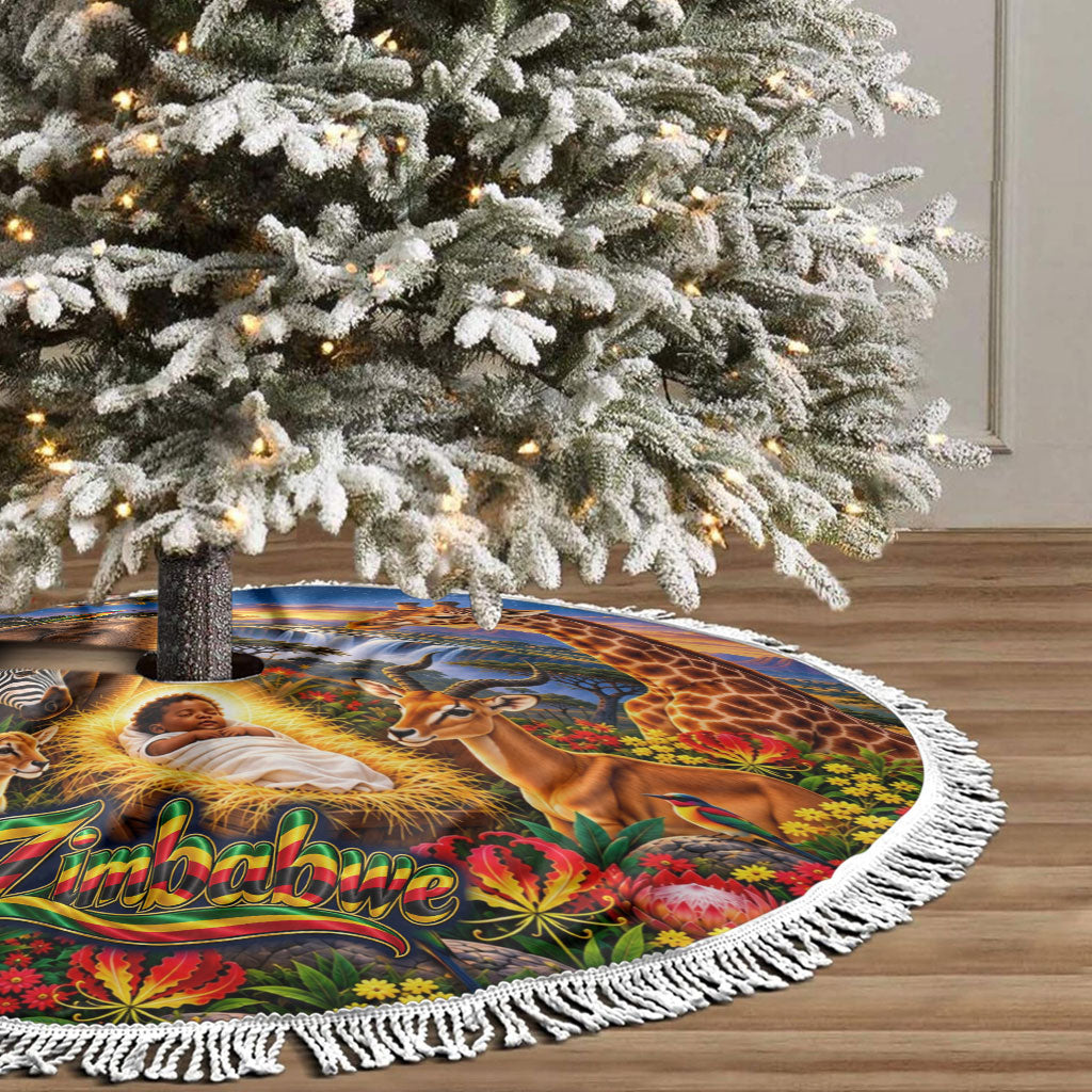 Zimbabwe Christmas Holy Family Tree Skirt African Safari Wildlife Savanna Sunset Baby Jesus