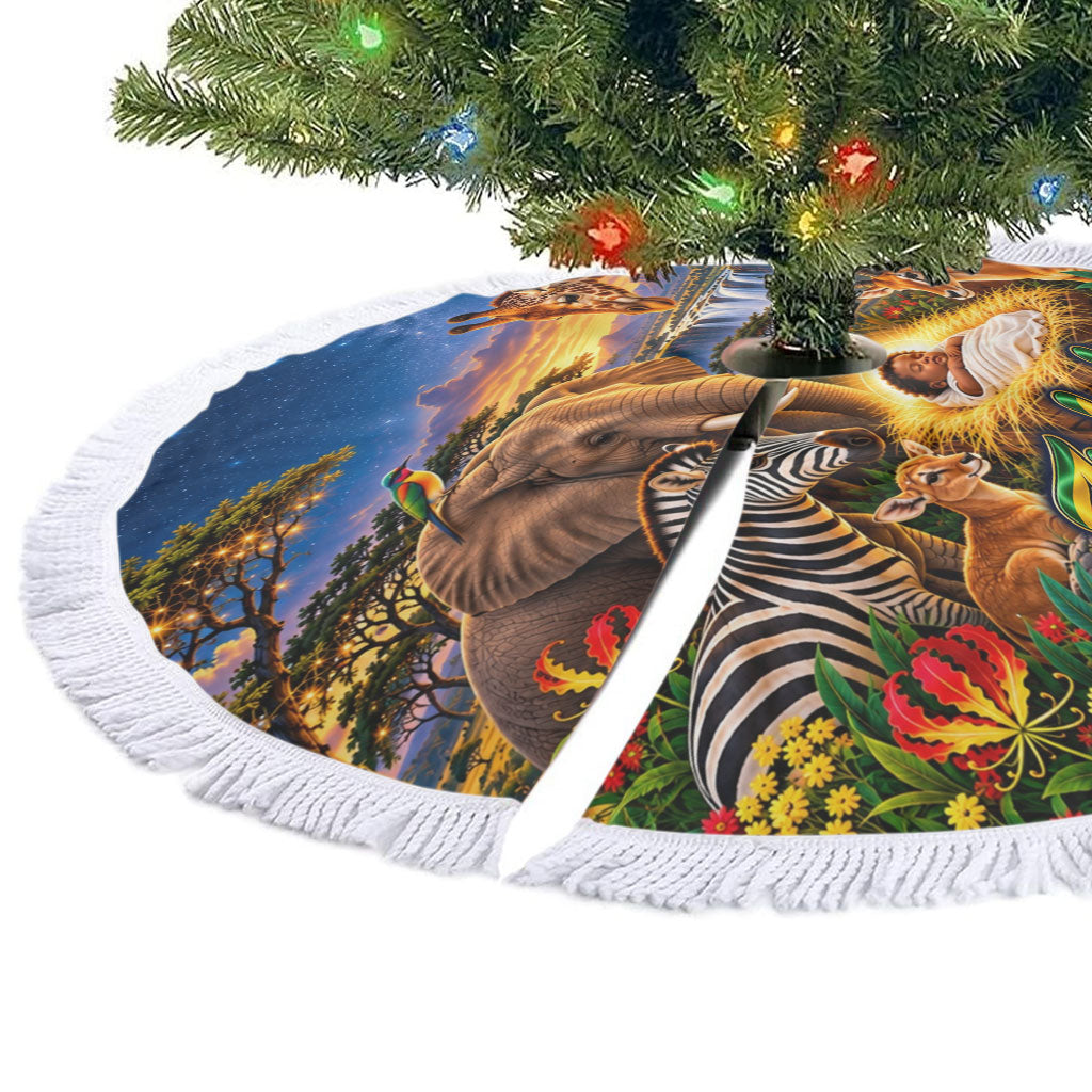 Zimbabwe Christmas Holy Family Tree Skirt African Safari Wildlife Savanna Sunset Baby Jesus