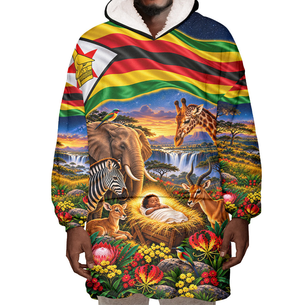 Zimbabwe Christmas Holy Family Wearable Blanket Hoodie African Safari Wildlife Savanna Sunset Baby Jesus