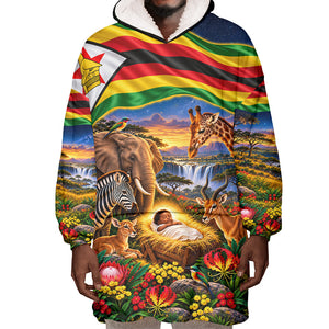 Zimbabwe Christmas Holy Family Wearable Blanket Hoodie African Safari Wildlife Savanna Sunset Baby Jesus
