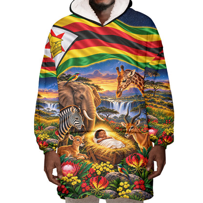 Zimbabwe Christmas Holy Family Wearable Blanket Hoodie African Safari Wildlife Savanna Sunset Baby Jesus