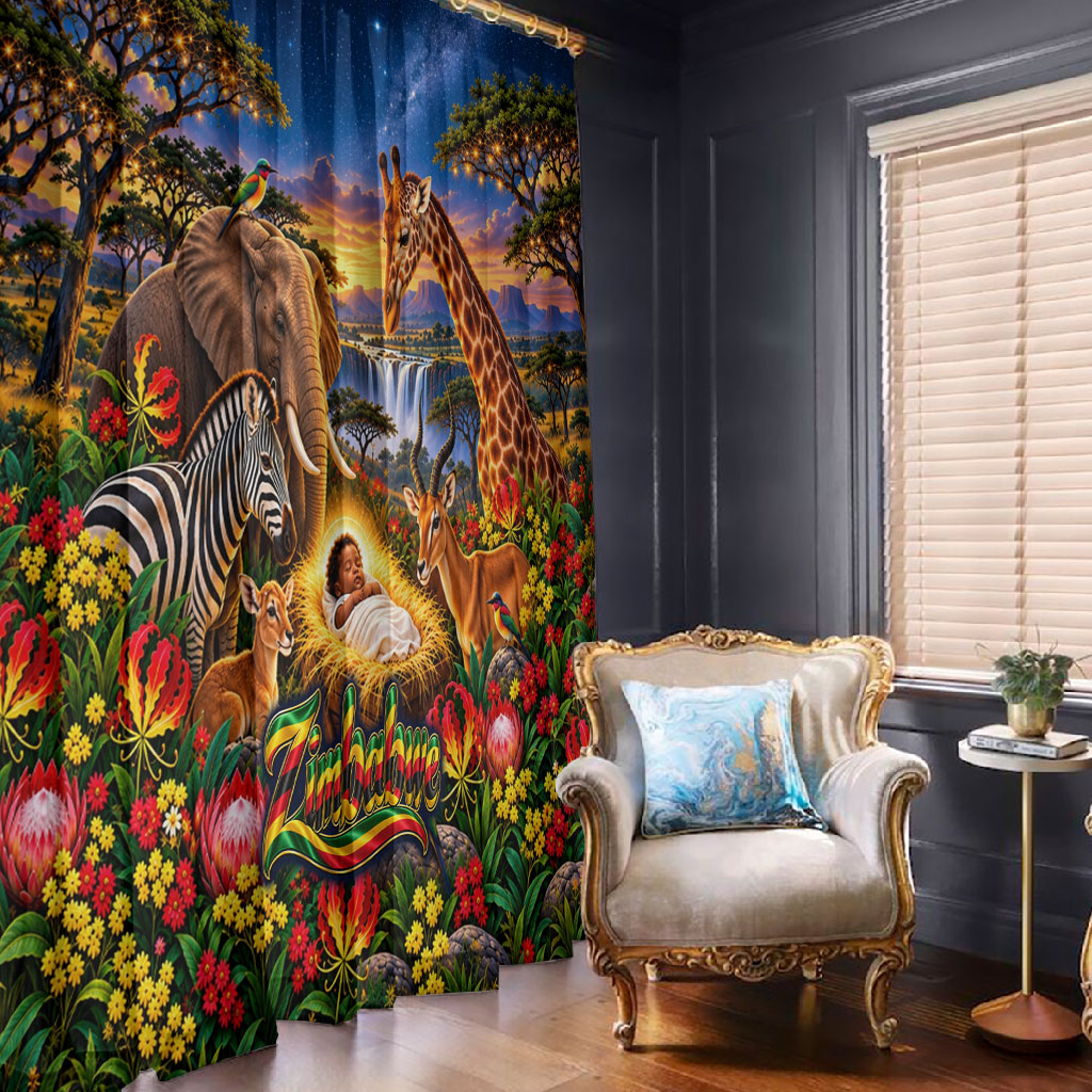 Zimbabwe Christmas Holy Family Window Curtain African Safari Wildlife Savanna Sunset Baby Jesus