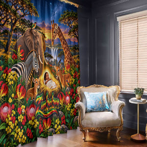 Zimbabwe Christmas Holy Family Window Curtain African Safari Wildlife Savanna Sunset Baby Jesus