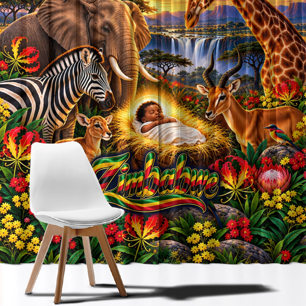 Zimbabwe Christmas Holy Family Window Curtain African Safari Wildlife Savanna Sunset Baby Jesus