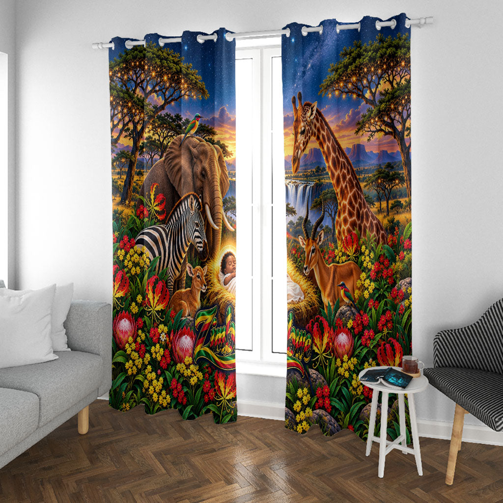 Zimbabwe Christmas Holy Family Window Curtain African Safari Wildlife Savanna Sunset Baby Jesus