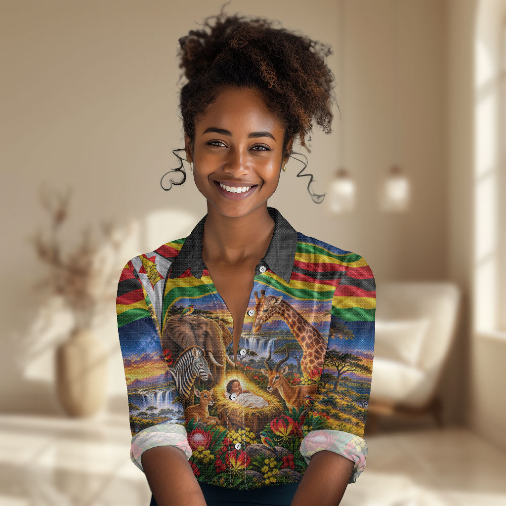Zimbabwe Christmas Holy Family Women Casual Shirt African Safari Wildlife Savanna Sunset Baby Jesus