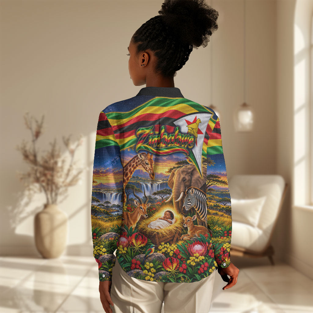 Zimbabwe Christmas Holy Family Women Casual Shirt African Safari Wildlife Savanna Sunset Baby Jesus