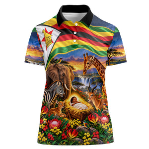 Zimbabwe Christmas Holy Family Women Polo Shirt African Safari Wildlife Savanna Sunset Baby Jesus