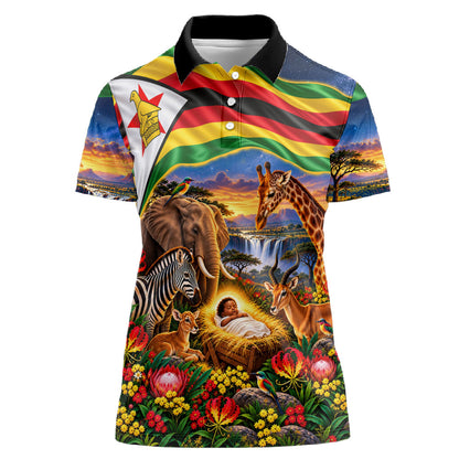 Zimbabwe Christmas Holy Family Women Polo Shirt African Safari Wildlife Savanna Sunset Baby Jesus