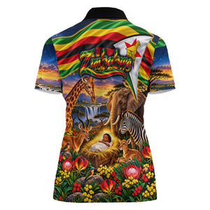 Zimbabwe Christmas Holy Family Women Polo Shirt African Safari Wildlife Savanna Sunset Baby Jesus