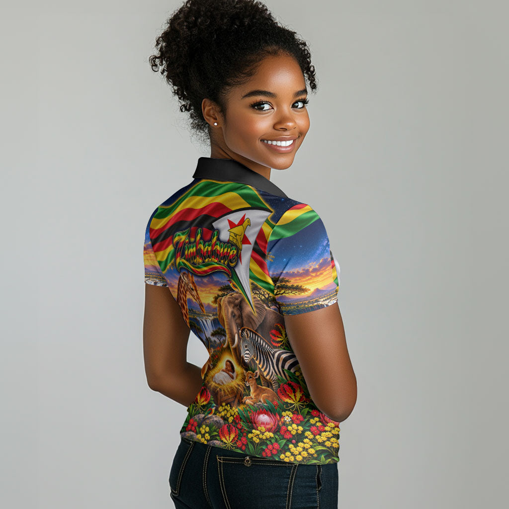 Zimbabwe Christmas Holy Family Women Polo Shirt African Safari Wildlife Savanna Sunset Baby Jesus