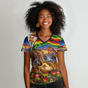 Zimbabwe Christmas Holy Family Women V-Neck T-Shirt African Safari Wildlife Savanna Sunset Baby Jesus