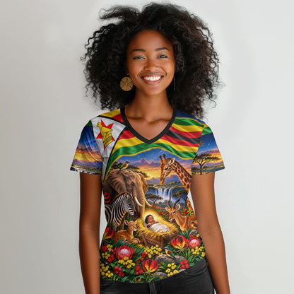 Zimbabwe Christmas Holy Family Women V-Neck T-Shirt African Safari Wildlife Savanna Sunset Baby Jesus