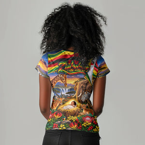 Zimbabwe Christmas Holy Family Women V-Neck T-Shirt African Safari Wildlife Savanna Sunset Baby Jesus