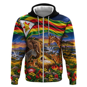 Zimbabwe Christmas Holy Family Zip Hoodie African Safari Wildlife Savanna Sunset Baby Jesus