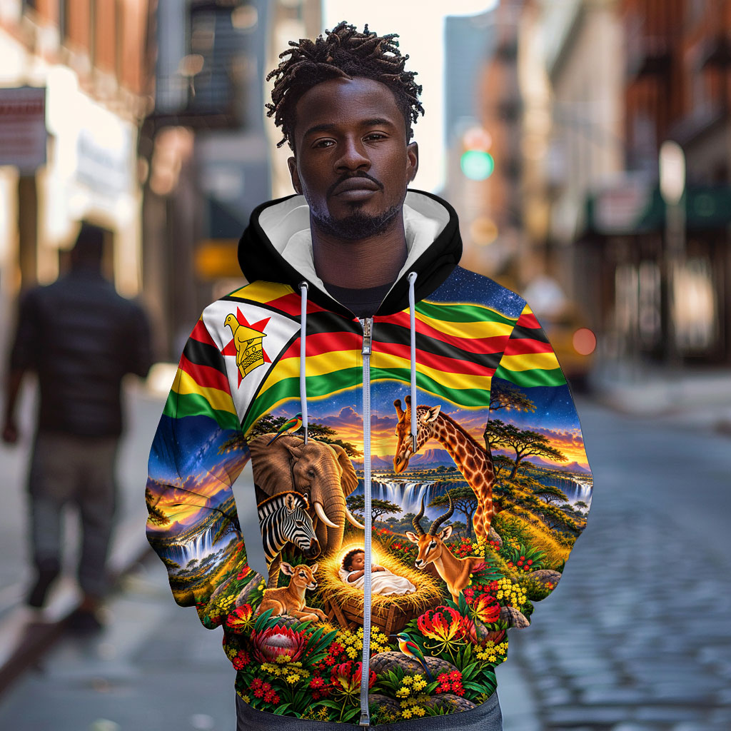 Zimbabwe Christmas Holy Family Zip Hoodie African Safari Wildlife Savanna Sunset Baby Jesus