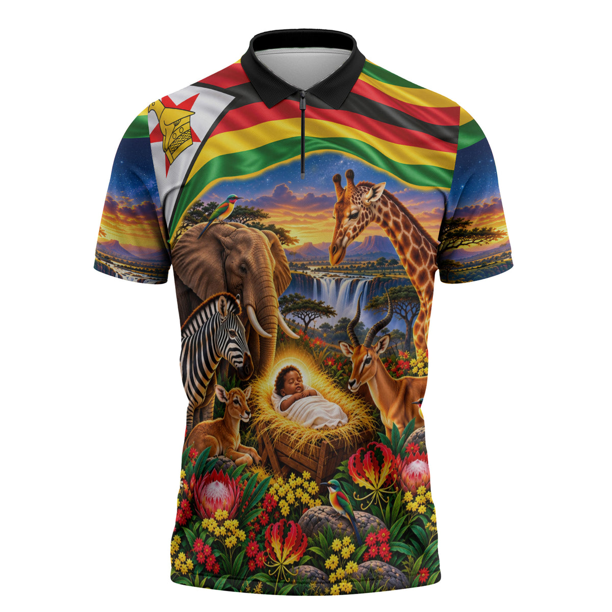 Zimbabwe Christmas Holy Family Zipper Polo Shirt African Safari Wildlife Savanna Sunset Baby Jesus