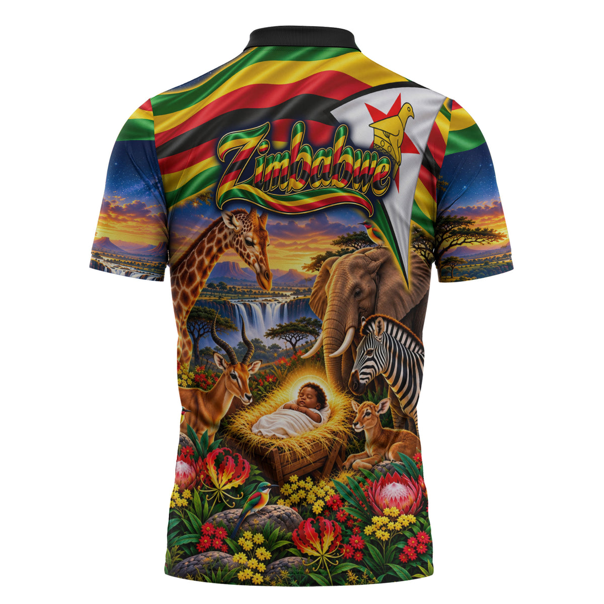 Zimbabwe Christmas Holy Family Zipper Polo Shirt African Safari Wildlife Savanna Sunset Baby Jesus
