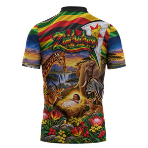Zimbabwe Christmas Holy Family Zipper Polo Shirt African Safari Wildlife Savanna Sunset Baby Jesus