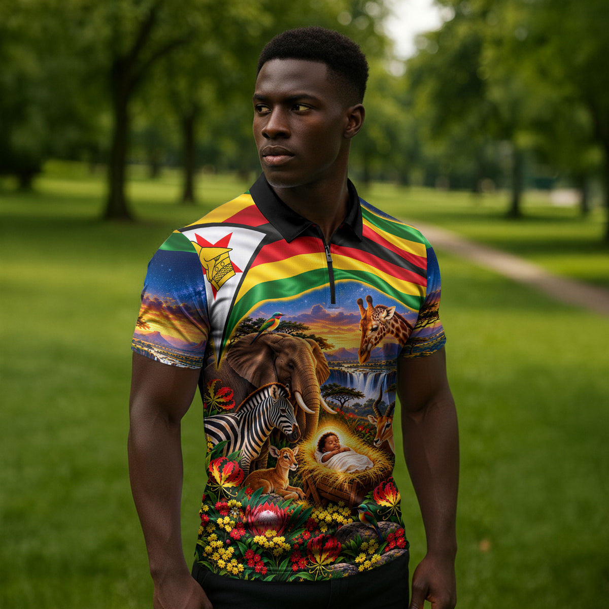 Zimbabwe Christmas Holy Family Zipper Polo Shirt African Safari Wildlife Savanna Sunset Baby Jesus