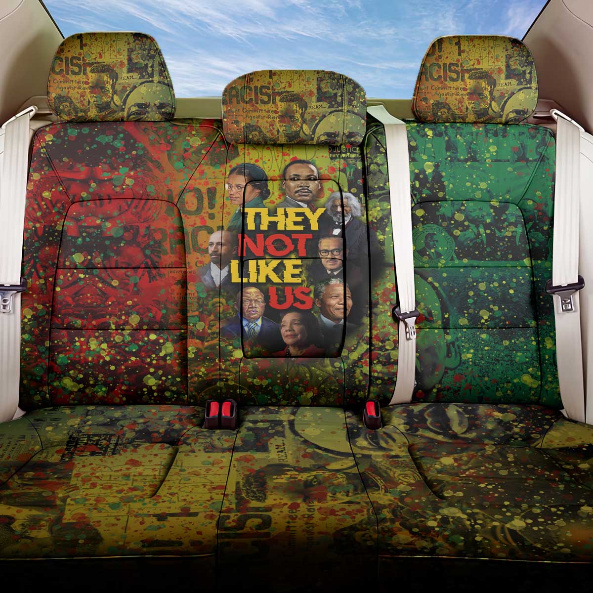 Black History Portrait Collage Back Car Seat Cover Africa Empowering They Not Like Us Quote in Grunge Paint - African Pride