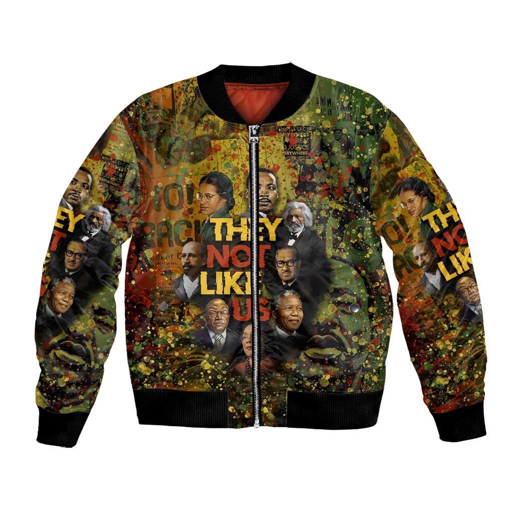 Black History Portrait Collage Bomber Jacket Africa Empowering They Not Like Us Quote in Grunge Paint - African Pride