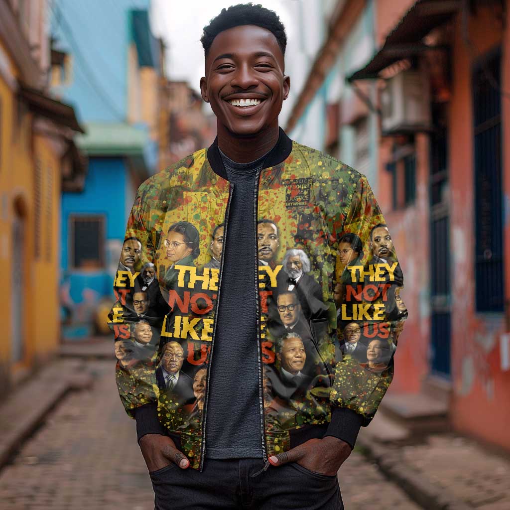 Black History Portrait Collage Bomber Jacket Africa Empowering They Not Like Us Quote in Grunge Paint - African Pride