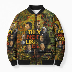 Black History Portrait Collage Bomber Puffer Jacket Africa Empowering They Not Like Us Quote in Grunge Paint - African Pride