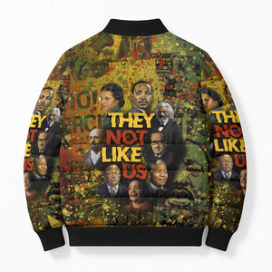 Black History Portrait Collage Bomber Puffer Jacket Africa Empowering They Not Like Us Quote in Grunge Paint - African Pride