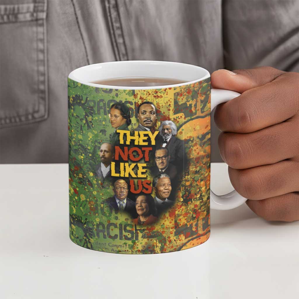 Black History Portrait Collage Ceramic Mug Africa Empowering They Not Like Us Quote in Grunge Paint - African Pride