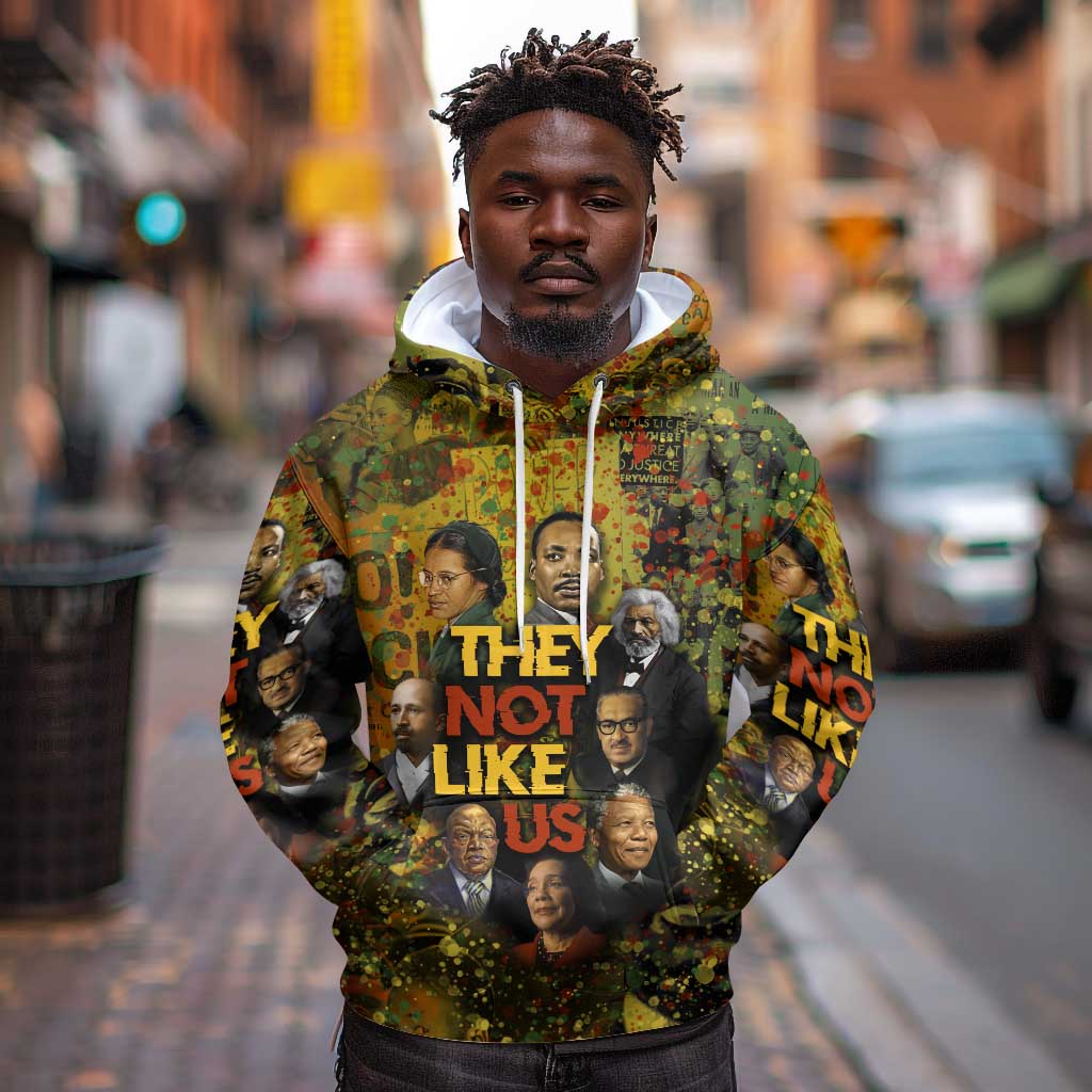 Black History Portrait Collage Hoodie Africa Empowering They Not Like Us Quote in Grunge Paint - African Pride