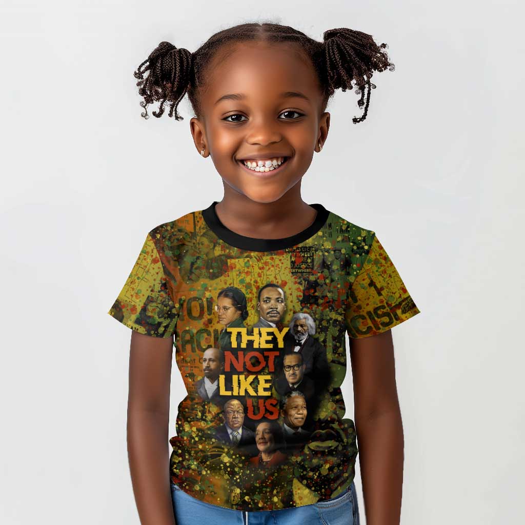 Black History Portrait Collage Kid T shirt Africa Empowering They Not Like Us Quote in Grunge Paint - African Pride