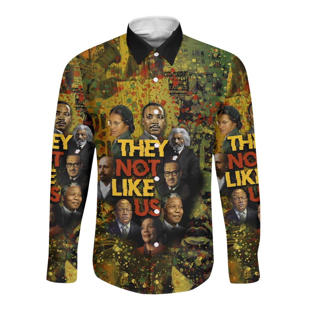 Black History Portrait Collage Long Sleeve Button Shirt Africa Empowering They Not Like Us Quote in Grunge Paint - African Pride