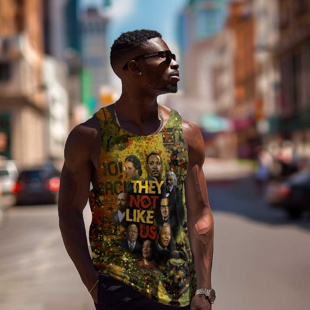 Black History Portrait Collage Men Tank Top Africa Empowering They Not Like Us Quote in Grunge Paint - African Pride