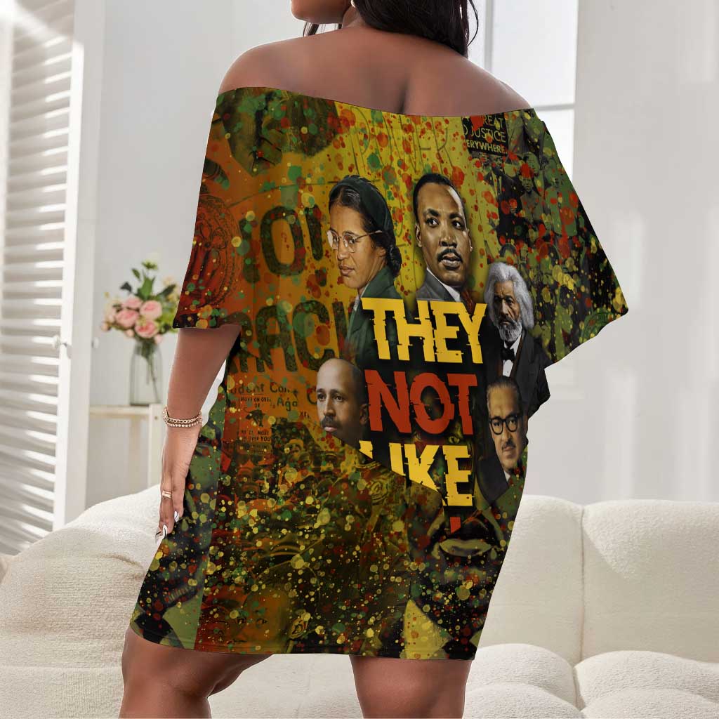 Black History Portrait Collage Off Shoulder Short Dress Africa Empowering They Not Like Us Quote in Grunge Paint - African Pride
