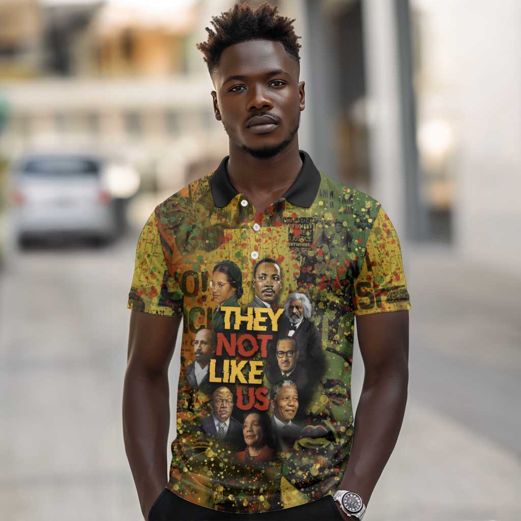 Black History Portrait Collage Polo Shirt Africa Empowering They Not Like Us Quote in Grunge Paint - African Pride