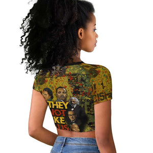 Black History Portrait Collage Raglan Cropped T shirt Africa Empowering They Not Like Us Quote in Grunge Paint - African Pride
