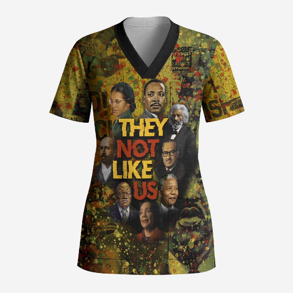 Black History Portrait Collage Scrub Top Africa Empowering They Not Like Us Quote in Grunge Paint - African Pride