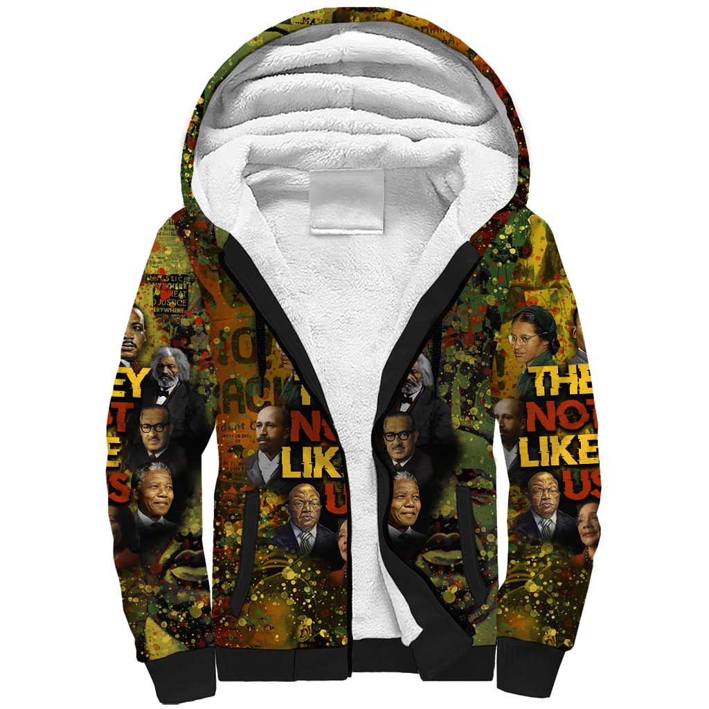 Black History Portrait Collage Sherpa Hoodie Africa Empowering They Not Like Us Quote in Grunge Paint - African Pride