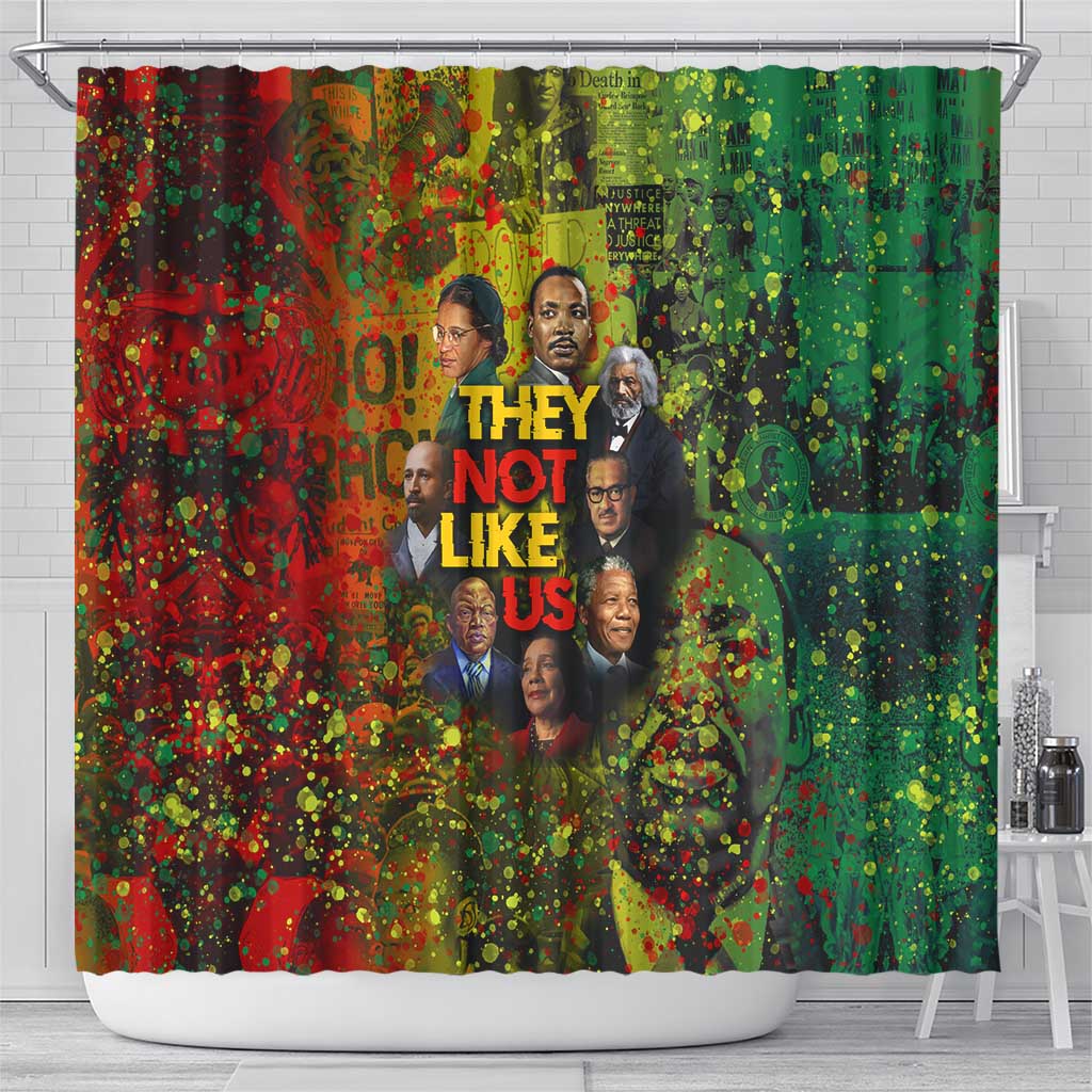 Black History Portrait Collage Shower Curtain Africa Empowering They Not Like Us Quote in Grunge Paint - African Pride