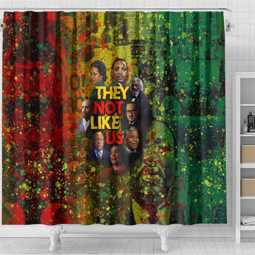 Black History Portrait Collage Shower Curtain Africa Empowering They Not Like Us Quote in Grunge Paint - African Pride