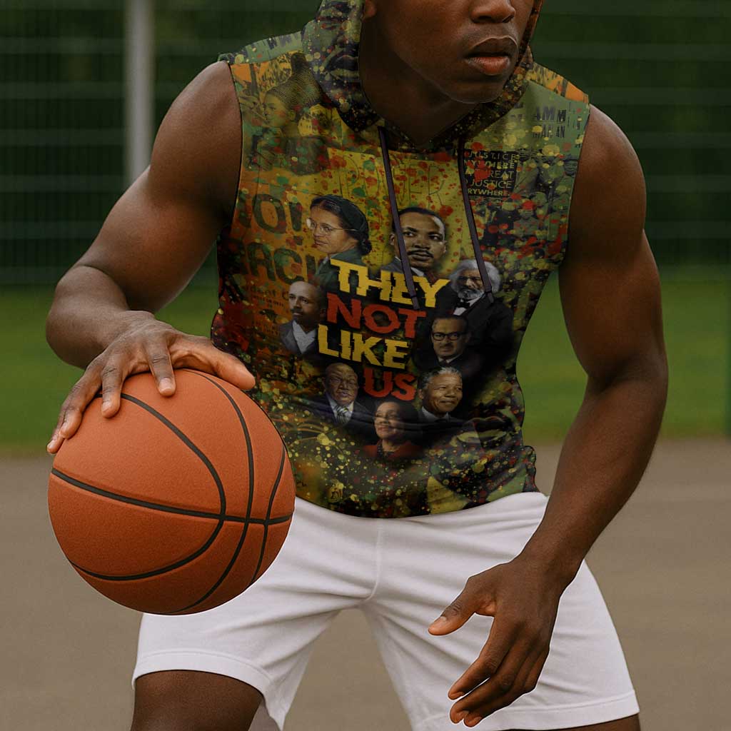 Black History Portrait Collage Sleeveless Hoodie Africa Empowering They Not Like Us Quote in Grunge Paint - African Pride